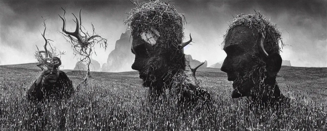 Image similar to mysterious scene of tyrolean farmer transforming into hay man with horns , dolomites in background, roots and edelweiss growing out of the body 35mm double-exposure photo, palm body, deep shadows, german expressionism, noir, slightly colorful, photorealistic, detailed smoke, natural bones and skin, natural textures, depth of field, ambient occlusion, motion blur, HD, masterpiece, volumetric, chromatic aberration by Richard Avedon, style of Ade Santora, perfect composition, masterpiece, intricate detailed