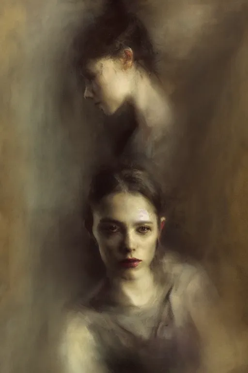 Image similar to detailed cinematic moody colors studio portrait of the memories of a victorian lady with a sensual pose, high quality by jeremy mann, only one head single portrait