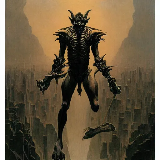 Image similar to portrait of immense, majestic, surreal, terrifying drak fantasy goblin standing triumphant over the city, perfectly clear face, by j. c. leyendecker, bosch, and beksinski