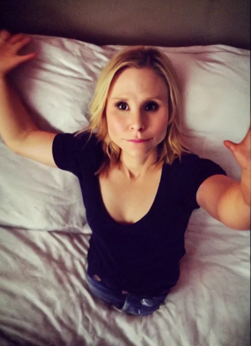 Image similar to ( first person view, my pov )!!!!!!!!, kristen bell on my bed looking at me, on my bed