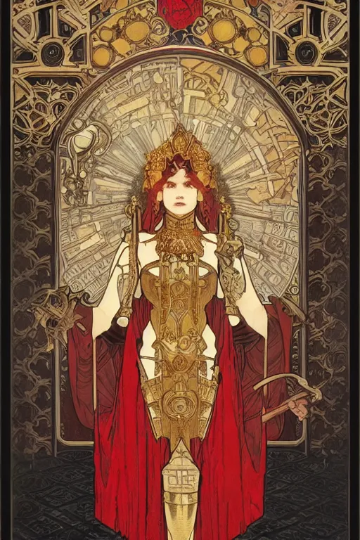 Prompt: tarot card, the emperor, armored woman, beautiful, medieval, super detailed, ornate, by alphonse mucha, artstation, greg rutkowski, symmetry, red, gold, white, black, 8 k
