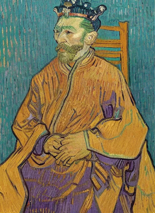 Image similar to detailed expressionist!! oil painting masterpiece portrait of an ancient emperor on his throne!! by van gogh, 8 k resolution, smooth, sharp focus, matte painting, beautiful masterpiece expressionist painting, greys and golds and purples