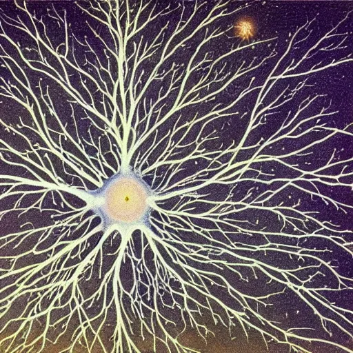 Prompt: the universe is one massive brain and we are merely neurons who's lifetime is thr firing between synapses of the universe's dendrites and axons surrealism