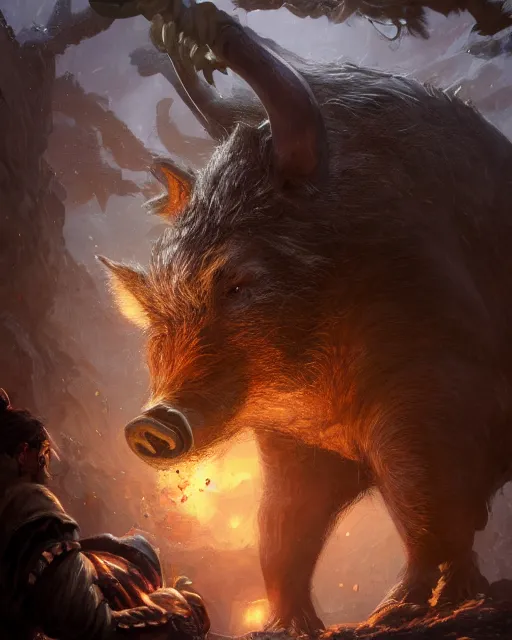 Image similar to Giant Boar looking at mouse, medium shot, fear, D&D, artstation, fantasy, magic the gathering artwork, cinematic lighting, centered, symmetrical, highly detailed, digital painting, , concept art, smooth, sharp focus, illustration, volumetric lighting, epic Composition, 8k, art by Akihiko Yoshida and Greg Rutkowski and Craig Mullins, oil painting, cgsociety