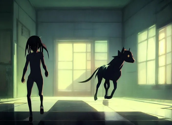 Prompt: a tall matte black creature running after a man the backrooms, yellow wallpaper, florecent lights on the ceiling, wet carpet, liminal space, by makoto shinkai an krenz cushart