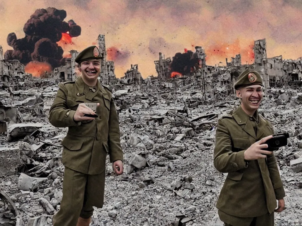 Image similar to a hysterical smiling soldier taking selfies, posing in front of bombed city, explosions in the background, close ups, war scenery, surrealism aesthetic, 9 0 s tv, noise