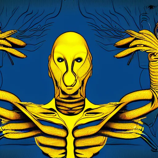 Image similar to human man that resembles a wasp morh in surreal sketch style, blue and yellow gradient, noise, ultrafine detail, hd 8k, logo illustration