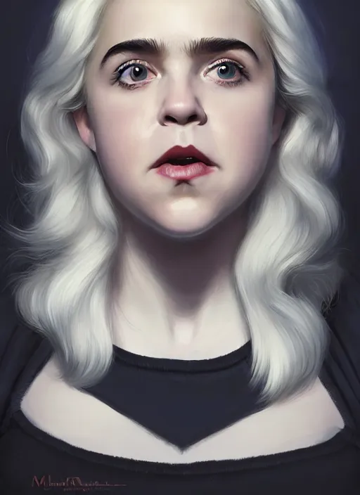 Prompt: full body portrait, kiernan shipka as sabrina spellman, white hair, obese, bangs, sultry, realistic, sultry smirk, fluffy bangs, curly bangs, fat, belly, intricate, elegant, highly detailed, digital painting, artstation, concept art, smooth, sharp focus, illustration, art by wlop, mars ravelo and greg rutkowski