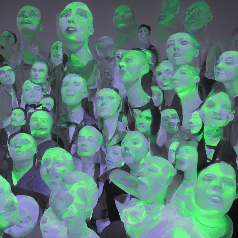 Prompt: fluxus performance of'blue and green'gradient colors light projection onto a few giant smiling human heads in a cramped art gallery, high contrast hyperrealism trending on arstation 8 k