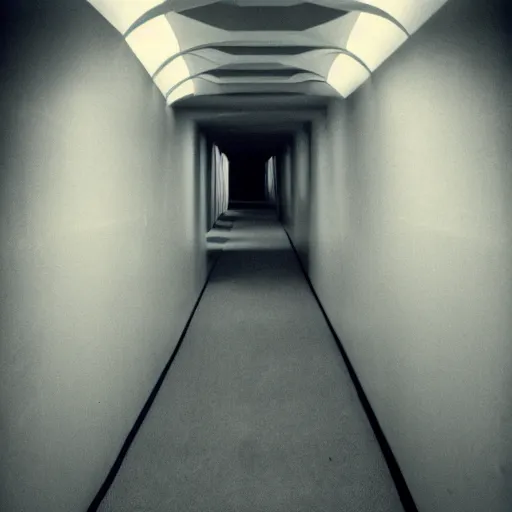 Image similar to noisy color photograph of a retrofuturist liminal space, twisting hallways, minimalist, cinematic, soft vintage glow