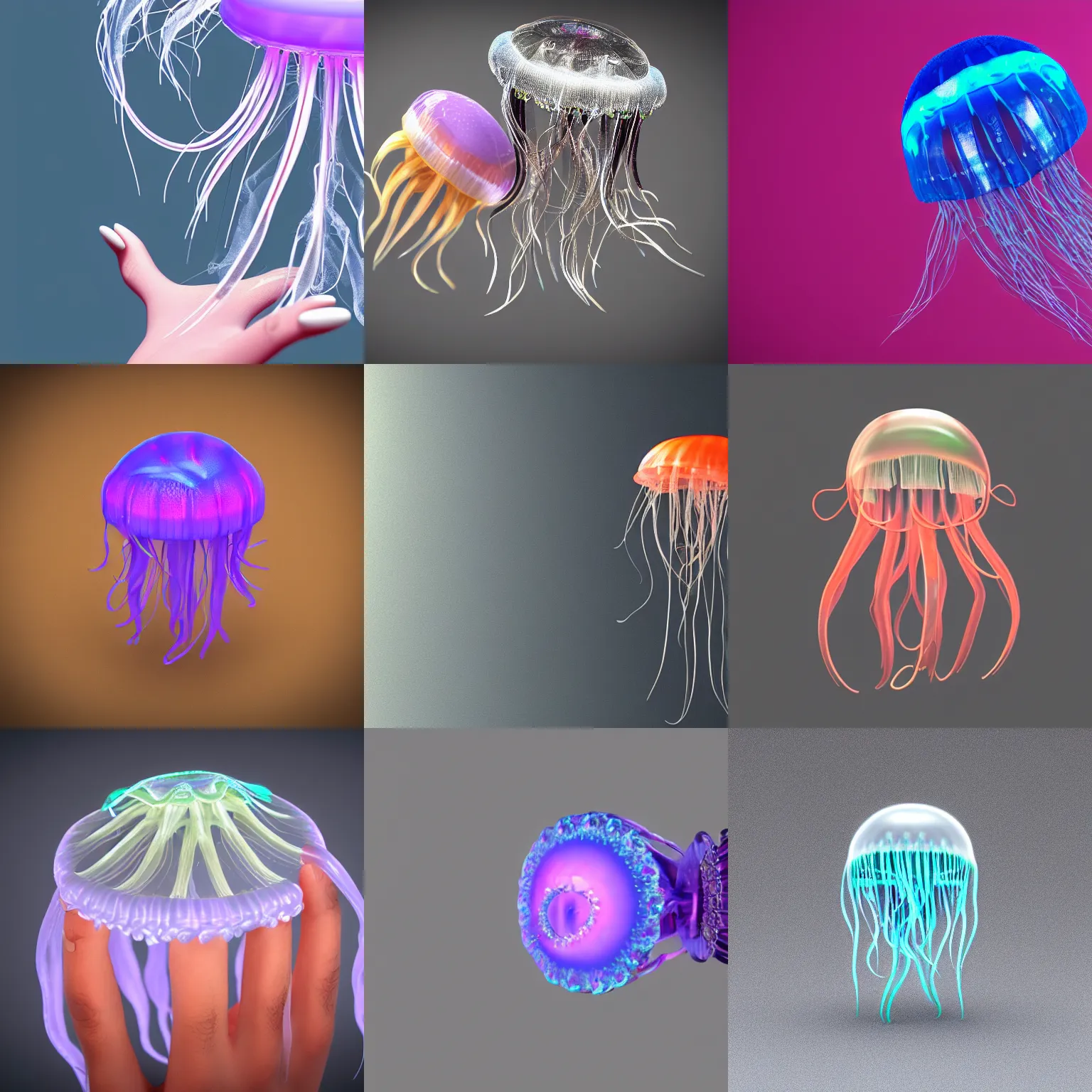 Prompt: a fancy jellyfish ring in finger, real, fashionable, funny, y 2 k style, c 4 d, octane render