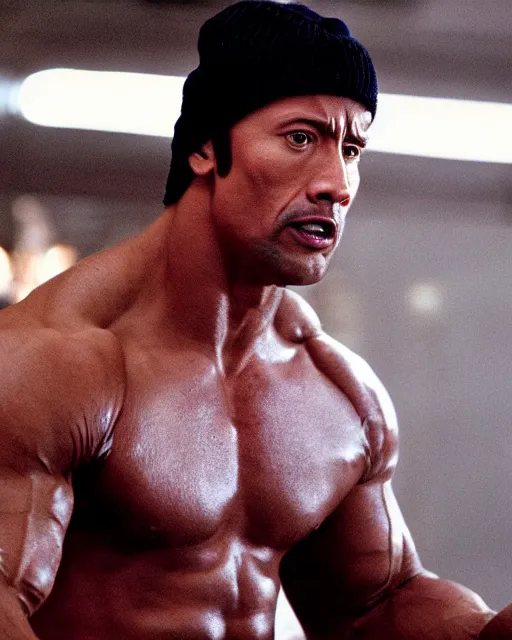 Image similar to Film still close-up shot of Dwayne Johnson as Rocky Balboa from the movie Rocky. Photographic, photography