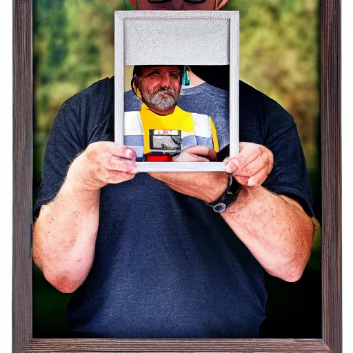 Prompt: an potrait of man with construction hat holding a package, the picture inside a photo frame, oil painting, 4K