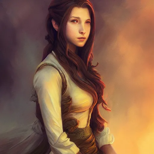 Image similar to elegant aerith gainsborough portrait, atmospheric lighting, painted, menacing, intricate, volumetric lighting, beautiful, rich deep colours masterpiece, golden hour, golden ratio, sharp focus, ultra detailed, by leesha hannigan, ross tran, thierry doizon, kai carpenter, ignacio fernandez rios