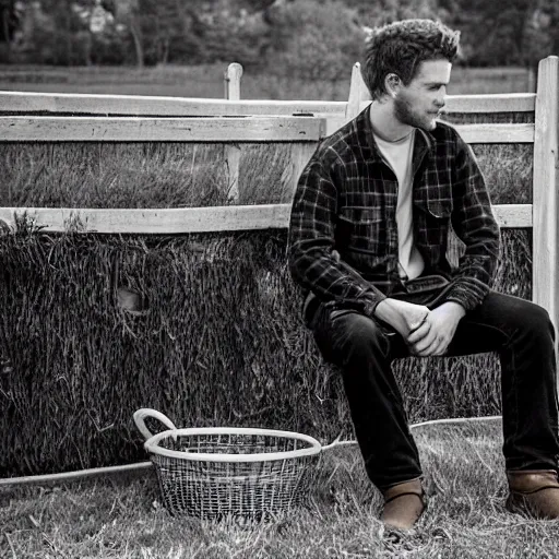Prompt: a candid photo of a very handsome young farm hand, sitting on a fence with his friend confessing his love for him.