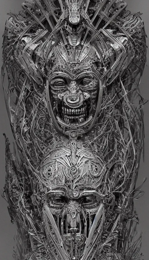 Image similar to ancient biomechanical hybrid slavic thunder god armored head fantasy human angel face mask tattoo pattern concept, glagolitic glyph, intricate artwork by, Johnatan Wayshak, Zdizslaw Beksinski, Artgerm, H.R. Giger, very coherent artwork, cinematic, hyper realism, high detail, octane render, unreal engine, 8k, High contrast, higly detailed black ink outline, crosshatch sketch gradient