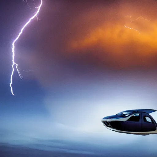 Image similar to futuristic flying car emerging from a circle of lightning in the sky, thunderstorm at night, 28mm dramatic photo