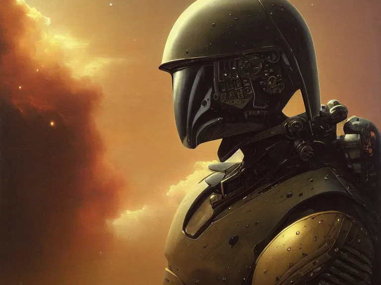 Prompt: a detailed profile oil painting of a bounty hunter in armour and visor, cinematic sci-fi poster. technology flight suit, bounty hunter portrait symmetrical and science fiction theme with lightning, aurora lighting clouds and stars by beksinski carl spitzweg and tuomas korpi. baroque elements. baroque element. intricate artwork by caravaggio. Trending on artstation. 8k