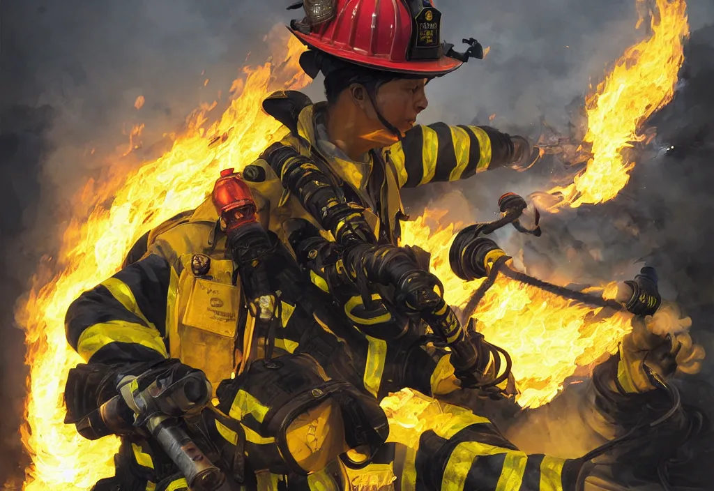 Prompt: heroic firefighter in action in black and yellow uniform, fire flames, sharp details, sharp focus, elegant, highly detailed, illustration, by jordan grimmer and greg rutkowski and 薯 子 imoko and wlop and maya takamura, intricate, art gta 5 cover