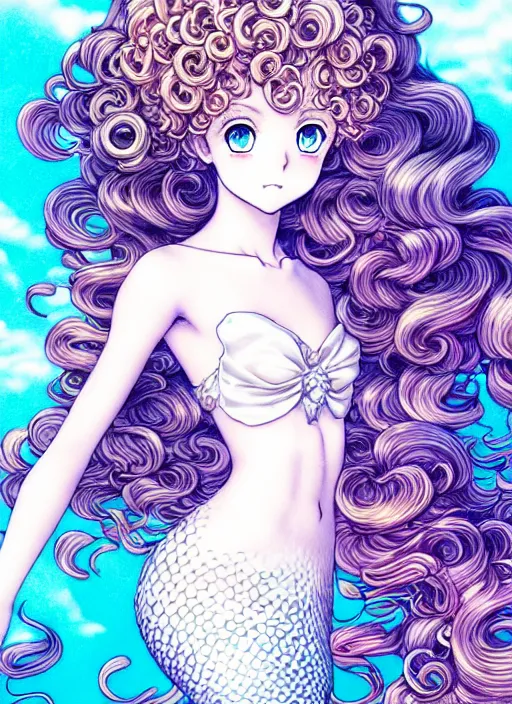 Image similar to manga of beautiful mermaid girl, curls hair, rococo ruffles dress, pastel rainbow, pearlescent, shimmering, reflective, rim light, detailed background, by takeshi obata, katsuhiro otomo, takato yamamoto, illustration, celluloid, dark fantasitc, artstation, concept art, highly detailed, colorful, maximalist