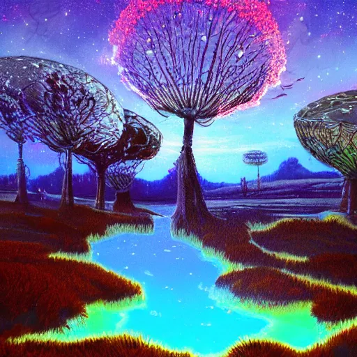 Prompt: ufo landing in strange alien landscape with unusual trees and luminescent flowers with glowing pond detailed airrush painting