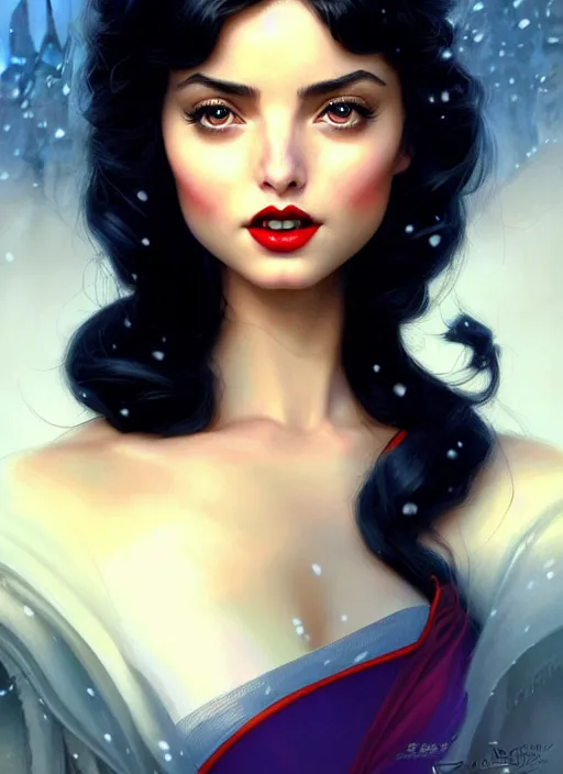 Image similar to disney snow white ( ( ana de armas ) ), dreamscape, sultry, cute, adorable, girl, masterpiece, intricate, elegant, highly detailed, my rendition, digital painting, artstation, concept art, smooth, sharp focus, illustration, art by greg rutkowski and uang guangjian and gil elvgren and sachin teng, symmetry!!