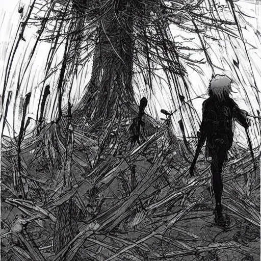 Image similar to sci - fi, monster hunters walking in a meat and bone forest, art by tsutomu nihei