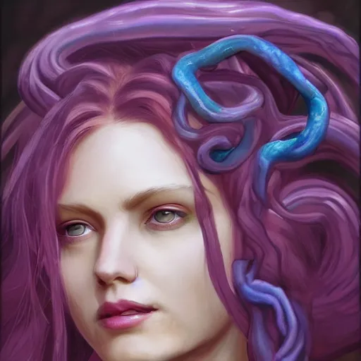 Image similar to medusa portrait painting, wicked smile, artstation, detailed, blurred background