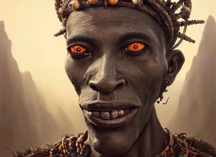 Image similar to highly detailed surreal vfx portrait portrait of an ancient magical voodoo mask tribal afrikan, stephen bliss, unreal engine, fantasy art by greg rutkowski, loish, rhads, ferdinand knab, makoto shinkai and lois van baarle, ilya kuvshinov, rossdraws, tom bagshaw, global illumination, radiant light, detailed and intricate environment