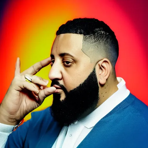 Prompt: ultra detailed portrait photo of dj khaled in a studio, blue, under red and yellow cinematic lighting, by van gogh