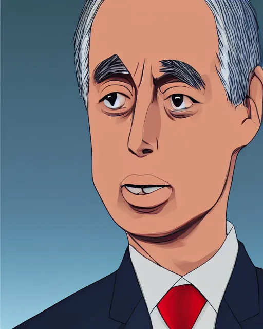 Prompt: Digital presidential anime art of Alvaro Uribe Velez by A-1 studios, serious expression, empty warehouse background, highly detailed, spotlight