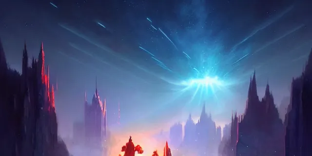 Image similar to a fleet of giant glowing futuristic cubes in the sky, a fantasy magical landscape seen in the distance, atmospheric lighting, intricate, volumetric lighting, beautiful, sharp focus, ultra detailed, in the art style of marc simonetti, bowater charlie and brom gerald, astrophotography