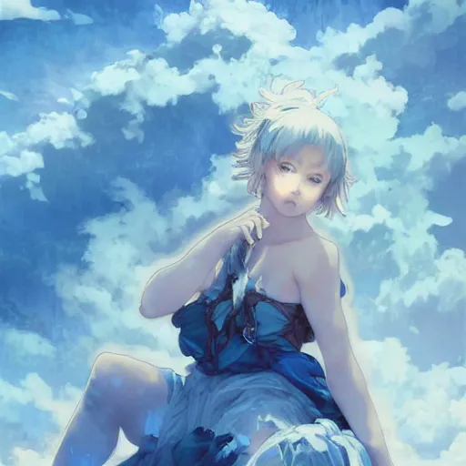 Prompt: a girl with short light blue hair and blue eyes is sitting on a cloud, anime style, light effect, anime style hyper detailed, illustration, bloody, intricate, elegant, digital painting, artstation, smooth, sharp focus, art by artgerm and greg rutkowski and alphonse mucha.