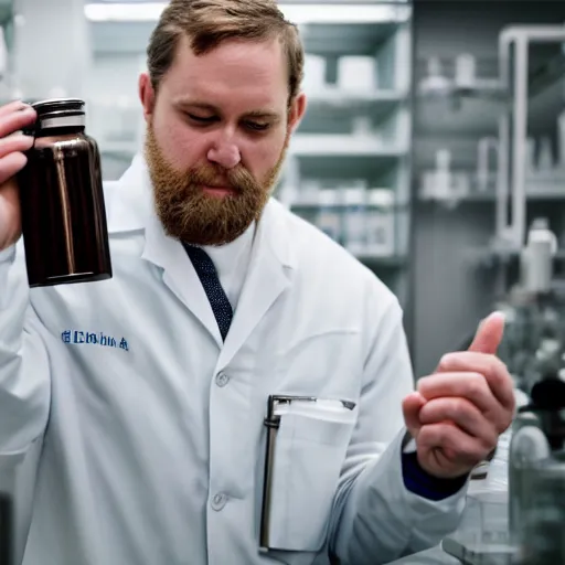 Image similar to white male with a short beard wearing a lab coat and drinking from a flask in a laboratory