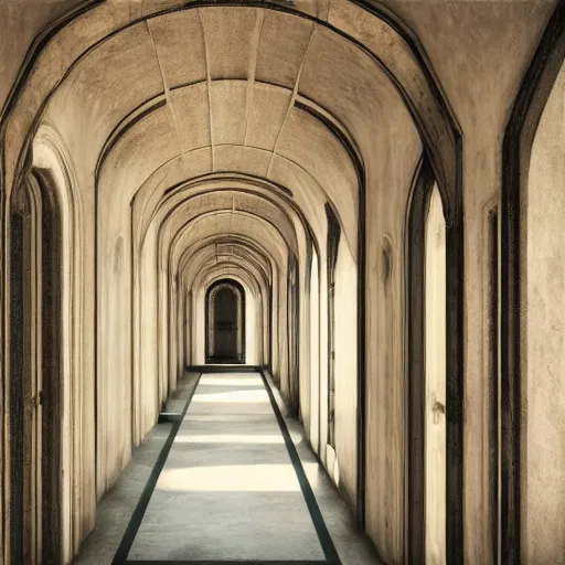 Prompt: a long retro asylum hallway, arched ceiling, one point perspective, vanishing point, symmetrical composition, rich colors, dramatic lighting, by lee madgwick, photorealistic, v - ray render 8 k uhd