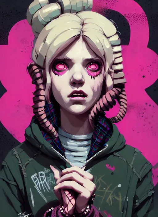 Image similar to highly detailed portrait of a sewer punk lady, tartan hoody, blonde ringlet hair by atey ghailan, by greg rutkowski, by greg tocchini, by james gilleard, by joe fenton, by kaethe butcher, gradient magenta, black, blonde cream and white color scheme, grunge aesthetic!!! ( ( graffiti tag wall background ) )