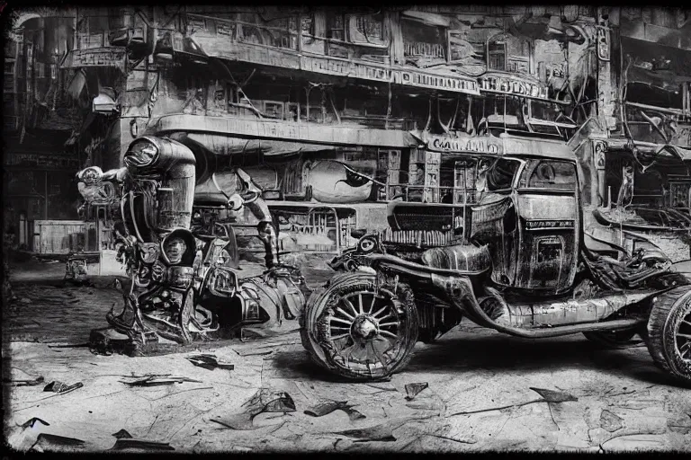 Image similar to cyberpunk 1 9 0 8 model ford t by paul lehr, jesper ejsing, metropolis, mad max, parked by view over city, vintage film photo, robotic, damaged photo, scratched photo, silent movie, black and white photo