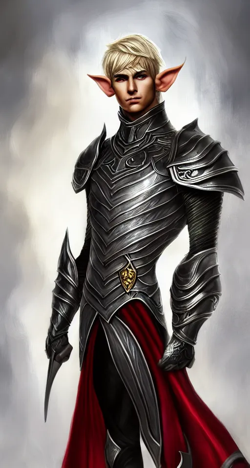 Image similar to A medium shot portrait of a male elf, he is about 20 years old, attractive, lean but muscular, serious composure, short silver hair, prideful look, he is wearing black heavy armor with gold plating and a red cape, highly detailed portrait, digital painting, ArtStation, concept art, smooth, sharp focus illustration, ArtStation HQ