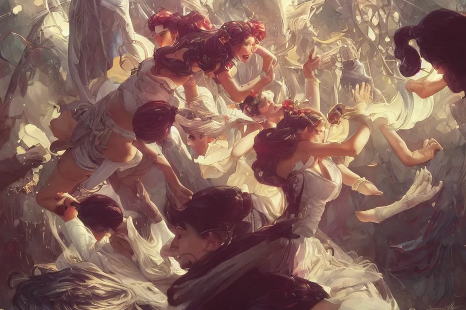 Prompt: ultra realistic illustration, full body sailor moon food fight, sci - fi, fantasy, intricate, elegant, highly detailed, digital painting, artstation, concept art, smooth, sharp focus, illustration, art by artgerm and greg rutkowski and alphonse mucha