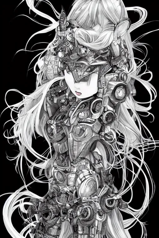 Image similar to full body illustration, mechanized blonde female, kissing witch, highly detailed, sumi - e art, suiboku - ga ink, by kim jisu, pen and ink monochrome, mecha, deviantart, artstation, pinterest