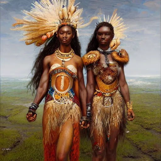 Image similar to beautiful Zulu goddesses holding hands, focused, worried, highly detailed, artstation, concept art, sharp, illustration, art by Edgar Maxence and Ross Tran and Michael Whelan