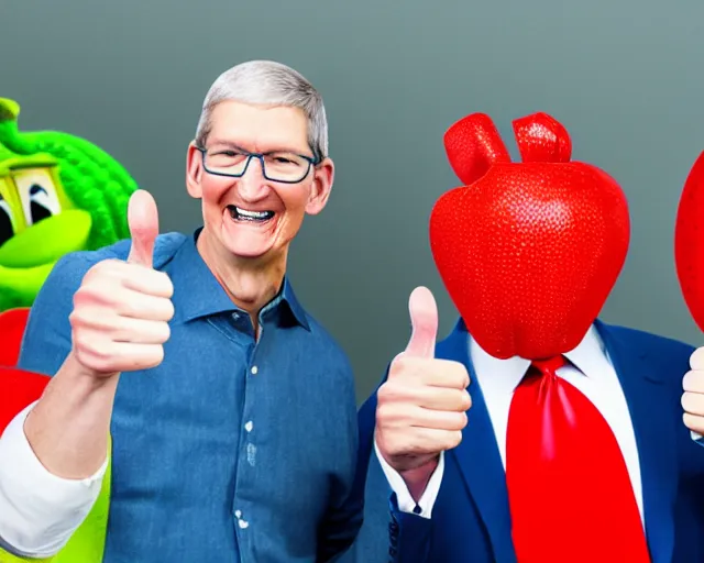 Prompt: color studio photo of tim cook wearing an apple fruit costume with donald trump giving a thumbs up