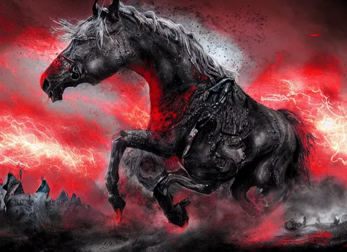 Image similar to a menacing knight in full plate of black armor, splattered with blood, riding a large black war horse, with red glowing eyes flowing red mane and tail, blackened clouds cover sky, crackling with lightning, a castle in distance burns, the ground is wet and cracked, d & d, fantasy, highly detailed, digital art, illustration,