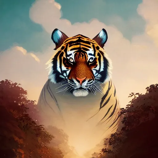 Image similar to portrait of a tiger, exudes terror, highly detailed vfx portrait, unreal engine, greg rutkowski, loish, rhads, caspar david friedrich, makoto shinkai and lois van baarle, ilya kuvshinov, rossdraws, elegent, tom bagshaw, alphonse mucha, global illumination, detailed and intricate environment.