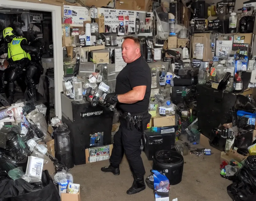 Image similar to Alex Jones in his garage office youtube studio fighting SWAT police, surrounded by boxes of herbal supplements and trash, a group of SWAT police, tear gas and smoke, detailed photograph high quality