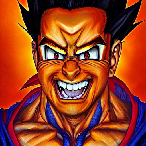 Prompt: beautiful hyperrealistic detailed matte portrait painting of happy goku, by andreas rocha and john howe, and martin johnson