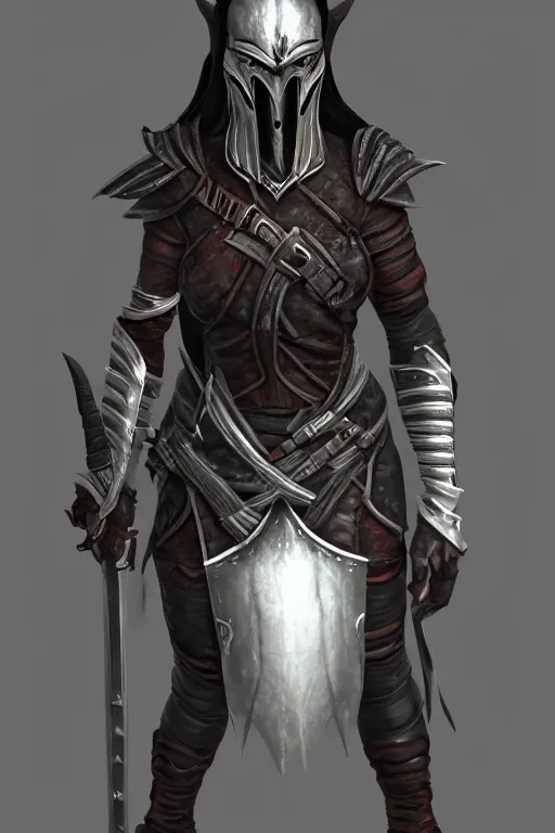 Prompt: female adventurer in tight full - body ebony leather armor of dunmer design with white porcelain crow mask, trending in artstation, establishing shot