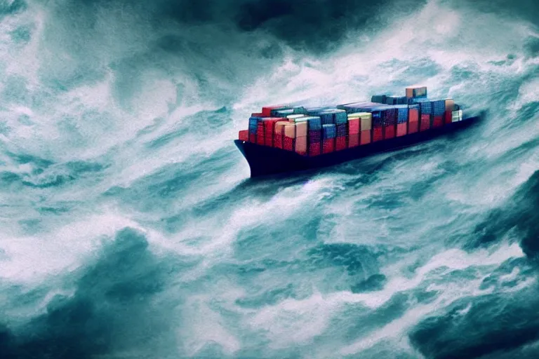 Image similar to container ship in a storm, in the style of vernon grant and chris van allsburg, raging stormy sea, trending on artstation, bright tilt - shift camcorder effect, photoshop, retrowave, hyperrealism, octane, sharp focus, masterpiece