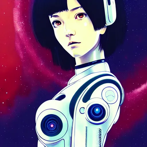 Image similar to side portrait scifi cyborg girl with robotic parts and spacesuit | | head only in center of image, audrey plaza, fine detail!! anime!! realistic shaded lighting!! poster by ilya kuvshinov katsuhiro otomo ghost - in - the - shell, magali villeneuve, artgerm, jeremy lipkin and michael garmash and rob rey