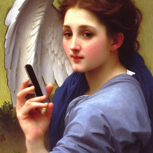 Image similar to an oil painting of an angel talking with an iPhone close to her ear, by Bouguereau, highly realistic and intricate